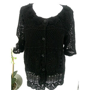 Nicole Marie Womens Size M Black Crochet Floral Boho Cardigan Sweater Top